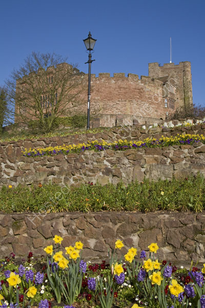 Tamworth Castle and flower beds.